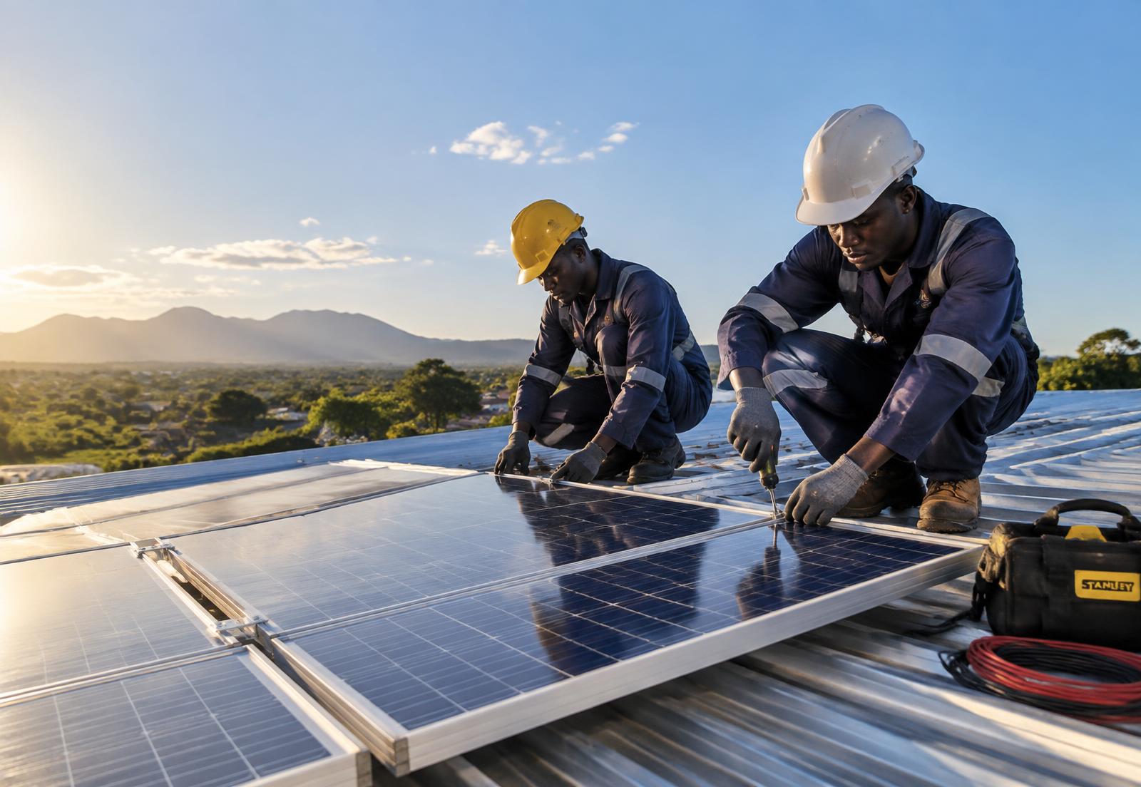 Two technicians installing solar panels on a roof in Kenya